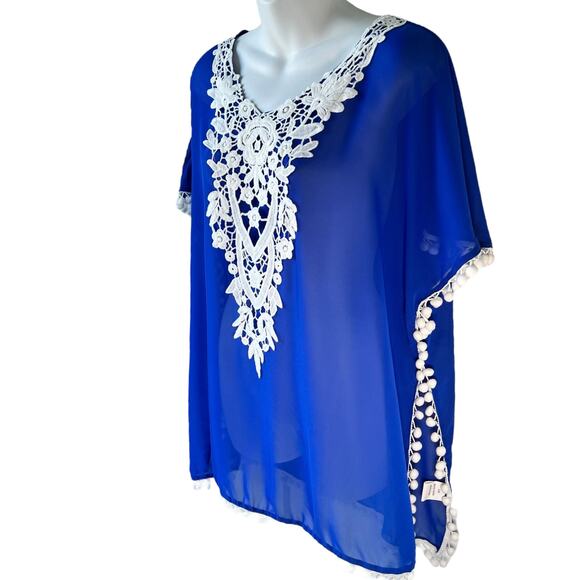 Chiffon Crochet Swimsuit Pullover Cover Up Womens S-M Blue White Beachy Vacation - Picture 3 of 15
